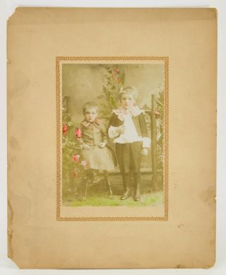 Hand Tinted Photo,  Children,  Lord Fauntleroy Outfit,  Siblings,  Antique