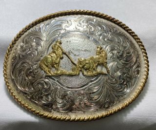 " V " Montana Silversmiths Silver Plate Calf Roping Belt Buckle Rodeo S71010 - 10