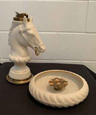 Vintage Mcm Evans Bisque & Brass Horse Hitching Post Table Lighter & Ashtray 60s