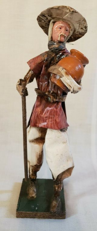Vintage Mexican Folk Art Paper Mache Doll Man Carrying Pottery And Cane