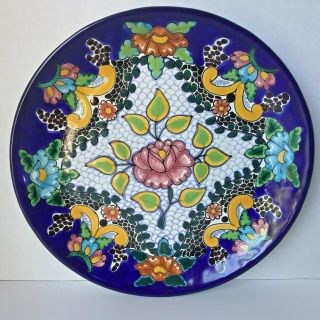 Talavera Pottery Plate Mexican Hand - Painted 11 - 3/4’’ Round Wall Dinner Blue Pink