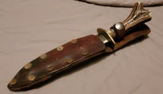 Vintage Custom Hand Forged Steel Hunting Knife W/ Stag Handle Leather Sheath