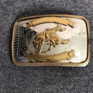 Vintage Western Cowboy Bucking Bronco Horse Nickel Silver Belt Buckle,  2.  5 " X 4 "