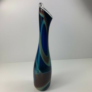 Vtg Murano Style Blown Glass Blue Brown Swung Vase 17 " Mid Century Mod Bud Vase