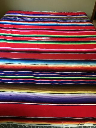 Vintage Mexican Blanket Wool Woven 84”x 60” Colorful Stripes Fringe Southwestern