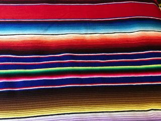 Vintage Mexican Blanket Wool Woven 84”X 60” Colorful Stripes Fringe Southwestern 3