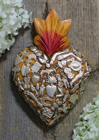 Med Sz Yellow Sacred Heart Wood With Milagros Miracle Mexican Folk Art Michoacán