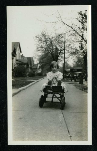 Vintage Photo Young Girl Sits In Wagon In Front Of House 1933