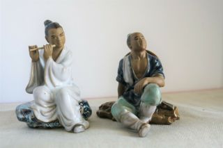 2 Vintage Chinese Shiwan Clay Mudman Figurine Playing Flute And Sitting With Axe