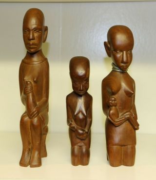 Three Hand Carved Wooden Kenya Tribal Art Female Statues Vintage