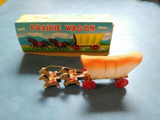 Vintage 1950 ' s Prairie Wagon Toy with box Wood and Canvas Japan 2