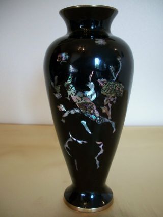 Vintage Korea Black Enamel Over Brass Mother Of Pearl Vase 7 "