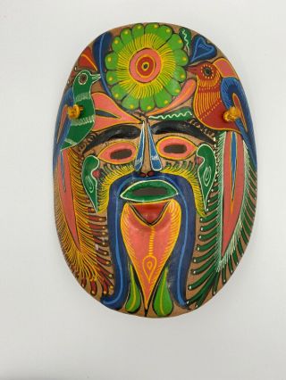 Vtg Mexican Folk Art Pottery Mask Hand Paint Bird Flower Animal Bright Colorful