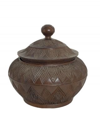 Carved Leaf Design Wood Wooden Bowl Lidded African? 9.  5 " T X 10 " Dia Vtg