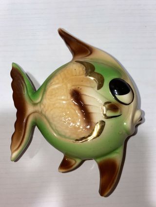 Vintage Ceramic Fish Planter Wall Pocket Green Brown Beige Gold Decor Big Eyes