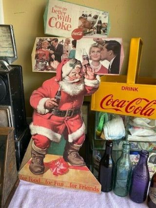 B8) Vintage Coca Cola Santa Claus Easel Sign Store Display Button Sign Soda