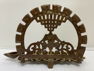 Vintage Antique Brass Menorah Oil Lamp Judaica Zodiac 2