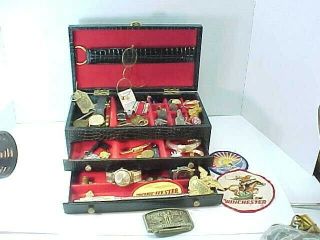 Vintage Mens Junk Drawer Box - Watch - Badge - Pins - Coins - Medal - Buttons - Misc