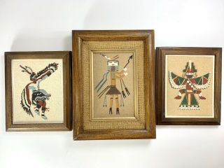 Set Of Three Framed Navajo Sand Paintings Vintage