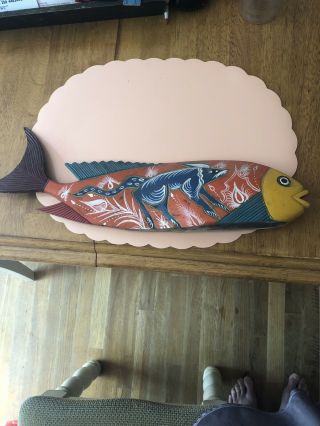 Very Large Vintage Mexican Wooden Fish,  Hand Carved And Painted,  Folk Art