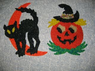 2 Vintage Plastic Popcorn Halloween Decoration Pumpkin Jack Black Cat Moon 18 "