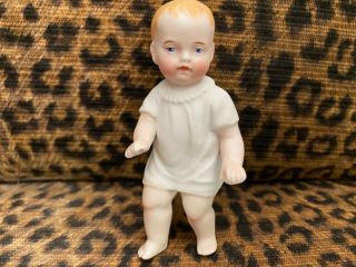 3.  5” Antique All Bisque Baby W/ Molded Gown Open In Back Angelic Face Unmarked