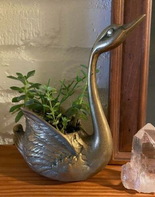 Vintage Brass Swan Plant Holder With Succulents