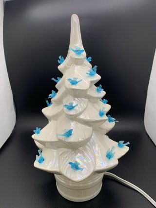 Vintage White Ceramic Christmas Tree With Birds Doves Lights 11” Decoration