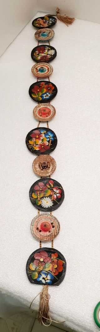 Vintage Mexico Wall Hanging,  Eleven Wood Hand Painted Plates With Flowers Etc.
