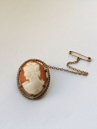 Vintage 9ct Clewco Rolled Gold Shell Cameo Brooch W Safety Chain 5.  5gr