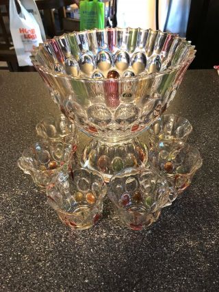 Vintage Punch Bowl Glass With Stand And 6 Cups Hobnod Pattern Very Colorful Look
