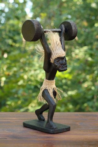 Handmade Wooden Primitive Weightlifting Statue Tiki Bar Weight Lifting Figurine