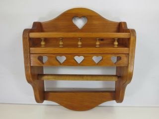 Vtg.  Wood Hanging Wall Shelf Paper Towel Dispenser Country Style W/ Heart Accent