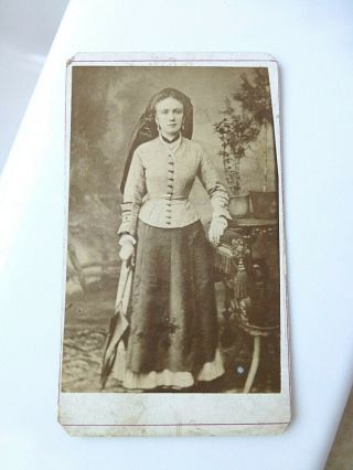 Antique Cdv Cabinet Photo Pretty Young Woman Long Scarf Over Hair & Umbrella