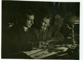 1930s Two Men Looking At The Photos Russian Antique Photo
