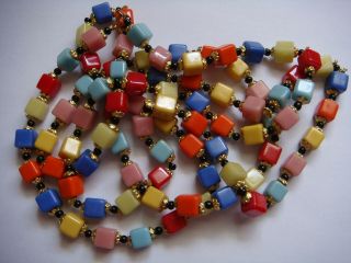 Vintage Art Deco Czechoslovakia Cube Beads Multi Color Harlequin Necklace Estate
