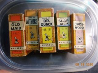 5 Vintage Russell Card Games Old Maid,  Slap Jack,  Crossword,  Authors,  Dr.  Quack