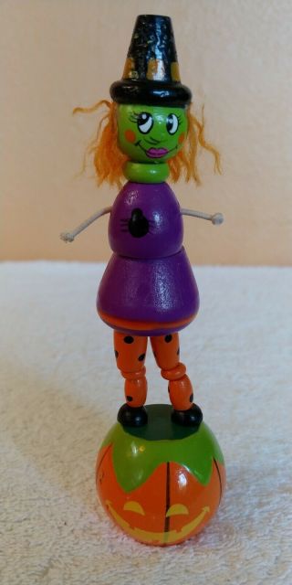 Vintage Halloween Witch On Pumkin Thumb Wooden Puppet Push Button Collapsible