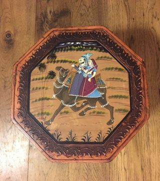 Vintage Side Table Persian Inlaid Wood Mosaic Folk Art Marquetry