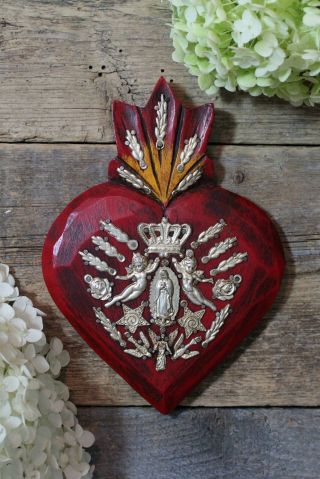 Medium Red Sacred Heart Wood With Milagros Miracle Mexican Folk Art Michoacan