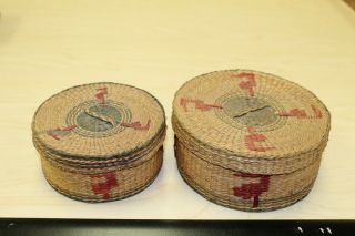 2 Vintage Native American Baskets With Lids Handwoven