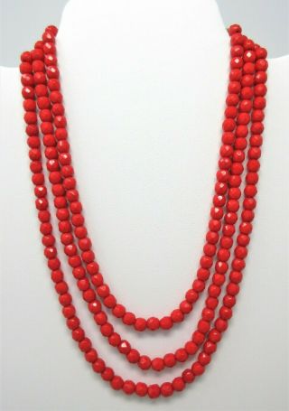 Vintage Brilliant Cherry Red Czech Faceted Crystal Bead Multi Strand Necklace
