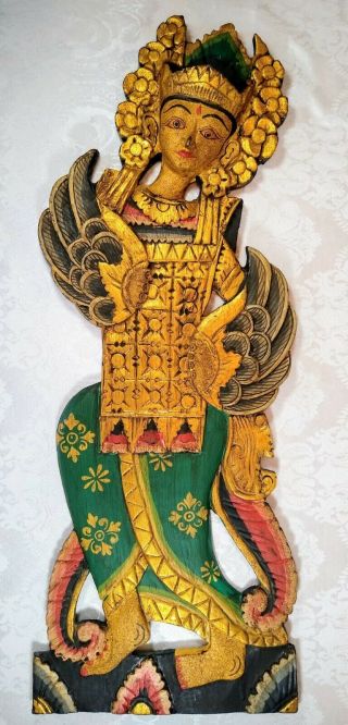 Balinese Peacock Dancer Relief Panel Hand Carved Wood Bali Wall Art
