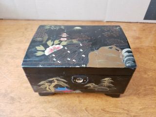 Vintage Japan Hand Painted Black Lacquer Musical Jewelry Box 5 " X 7.  25 " X 4 "