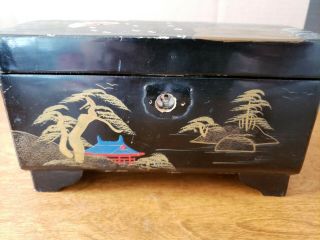 Vintage Japan Hand Painted Black Lacquer Musical Jewelry Box 5 
