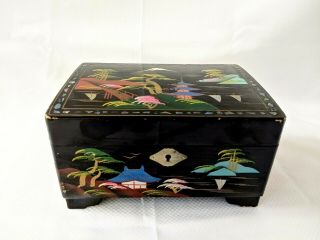 Japanese Black Lacquer Jewelry & Music Box Mirror Hand Painted And Inlay Vintage