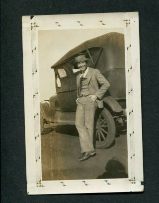 Vintage Photo W/ Border Goofy Man Bad Hat On W/ Model T Ford Touring Car 993153