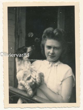 2 Vintage Photos - Young Woman With Dog On A Balcony
