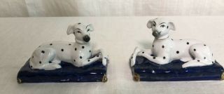 Vintage Porcelain Dalmatian Dog Figurines/book Ends On Blue Cushion Germany