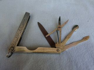 Antique Engraved Sterling Silver Multi Tool Folding Pocket Knife Scissors Pipe